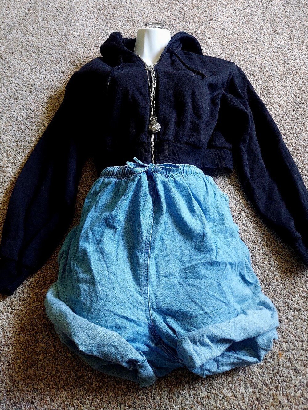 H&M Black Cropped Zip Hoodie with Drawstring Hood
